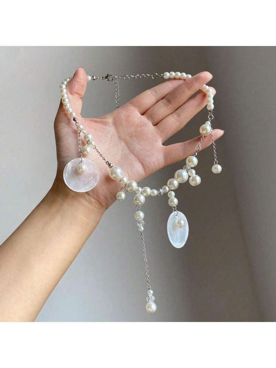 French Retro Natural Round Pearl Tassel Necklace Women, Fairy Temperament, Beach Vacation Collarbone Chain Accessory - Pearl Disc Shell Tassel Necklace - View 1