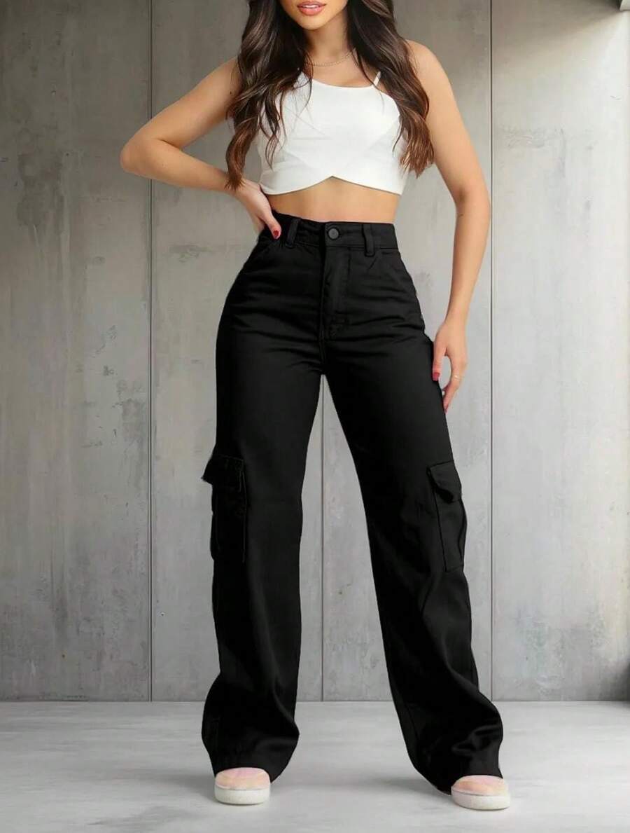 Wide Cargo Jeans, Medium Wash, Stylish, Basic, High Waist - màu đen - Xem 1
