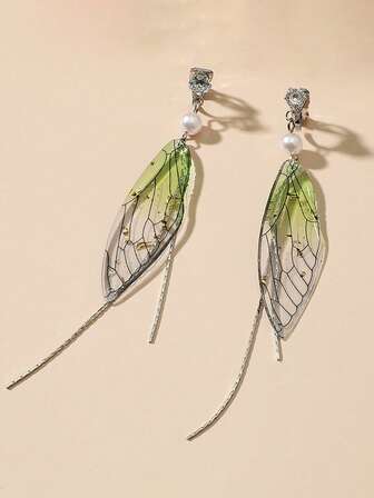 1 Pair Minimalist Butterfly Wing Faux Pearl Rhinestone Decor Dangle Clip-On Earrings, Elegant & Cute Resin Non-Pierced Earrings For Daily Wear