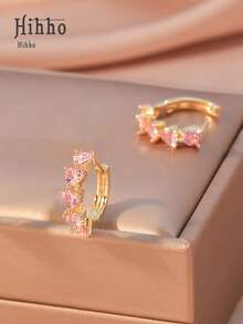 Hihho 1 对时尚、优雅、简约、可爱的粉色锆石镶嵌环形耳环，个性化珠宝耳环，适合女孩的圣诞派对礼物 - 粉色 - 查看 2