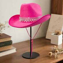 Shiny Rhinestone Cowgirl Hat For Women Solid Color Wide Brim Western Cap With Windproof Rope - Watermelon Red - View 4