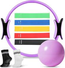 NEWKIBOU Kit de Pilates en Casa con Aro Pilates 15Pulgada/38CM, 5 Bandas de Resistencia,Bola de Pilates 25cm y 2 Pares Calcetines Yoga - Pilates Equipment Toning Arms and Thighs - Morado - Ver 9