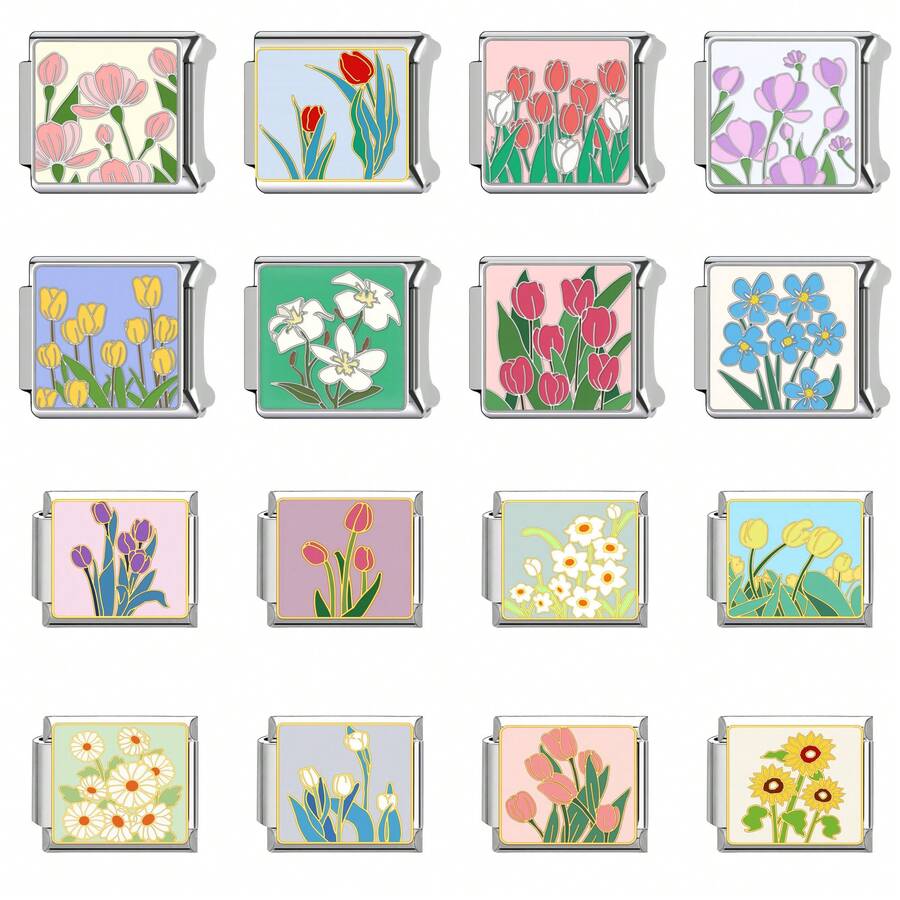 1PC Stainless Steel Italian Module Bracelet Components, Featuring Various Floral Patterns, DIY Making Jewelry For Bracelet Necklaces, Can Be Freely Matched With Different Styles