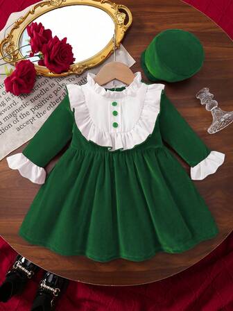 2pcs/Set Baby Girls Elegant Princess White Lace Collar Long Sleeve Dress & Hat, Spring/Autumn