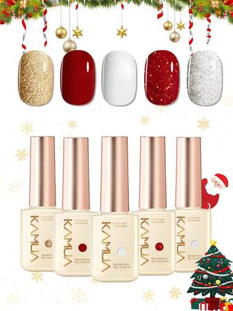  KAMUA 5 件凝胶指甲油套装，红色闪光金银色冬季凝胶油深红色凝胶油套装圣诞指甲油秋冬美甲浸泡指甲灯 UV LED 固化适用于女士美甲设计