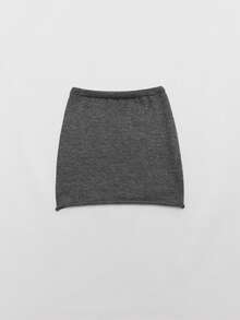 高腰抽绳针织迷你裙，A字卷边设计，休闲显瘦，女士款 - 灰色 - 查看 5