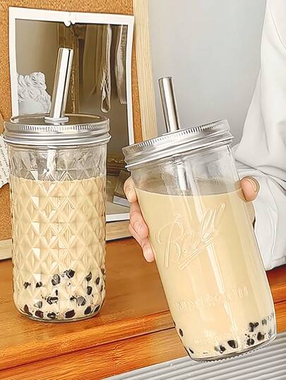 22oz Glass Mason Jar, High Transparency Material + Leak-Proof Lid, Suitable For Milk Tea, Juice, Iced Drinks, Wide Mouth For Easy Ingredient Adding/Boba Drinking, Large Capacity For More Enjoyment