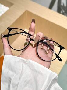 1 Pair Unisex Korean Style Round Flat Lens Fashion Glasses, Suitable For Office, Reading, TV Watching, Gaming, Mobile Phone Decoration