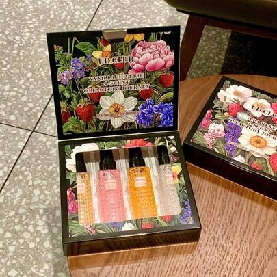 4 件套梦幻花香香氛喷雾套装，限量版香薰空气清新剂，适用于室内/室外，多层提升喷雾，持久自然清新迷人香氛，释放优雅花香、香草、椰子和巧克力香味，是约会、派对、聚会、旅行、度假、居家、酒店、办公室的理想礼物。