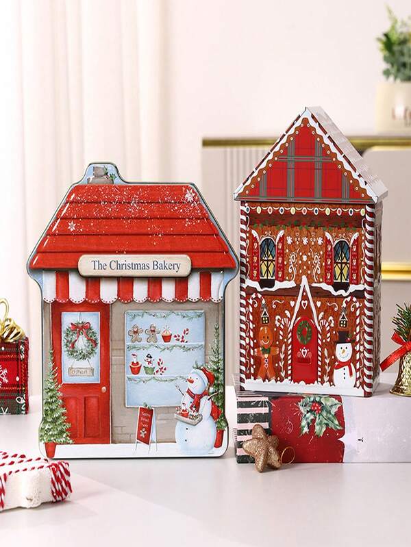 1 Weihnachtshaus-förmige Eisenbox, themengebundener Aufbewahrungsbehälter, Aufbewahrungsbox, Weihnachtsdekoration, Geschenkverpackung