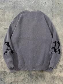 ANDREILEE 男士街头风印花V领纽扣针织开衫，休闲宽松长袖毛衣外套，秋冬款 - 灰色 - 查看 3