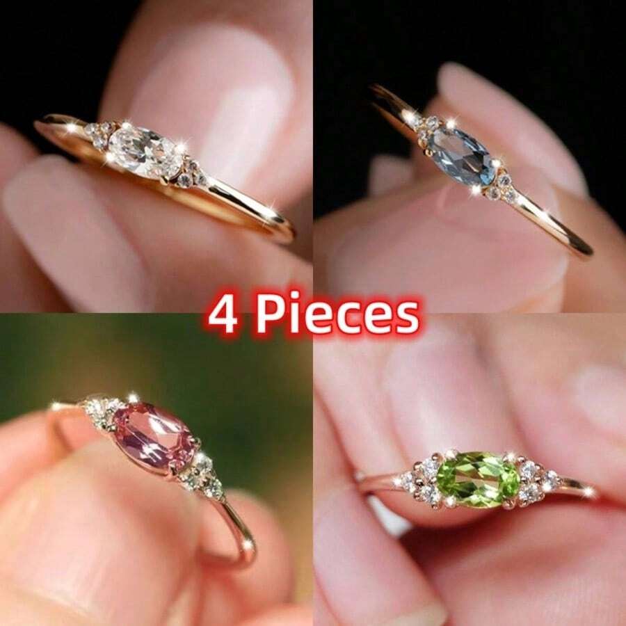 4PCS Luxurious Women's Rings Sparkling Elliptical Rings For Women Engagement Wedding Band Promiss Ring Birthday Merry Christmas Valentine's Day Anniversary Gift For Her Jewelry Ring - Nhiều màu - Xem 1