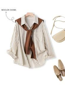 Plus Size Women Fashion Casual Commute Versatile Striped Long Sleeve Shirt & Knitted Shawl, Spring, Office Wear, Airport - Apricot - View 4
