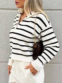 DONICY Women's Autumn/Winter Half-Zip Striped Pullover Long Sleeve Casual Top - Black and White - View 4