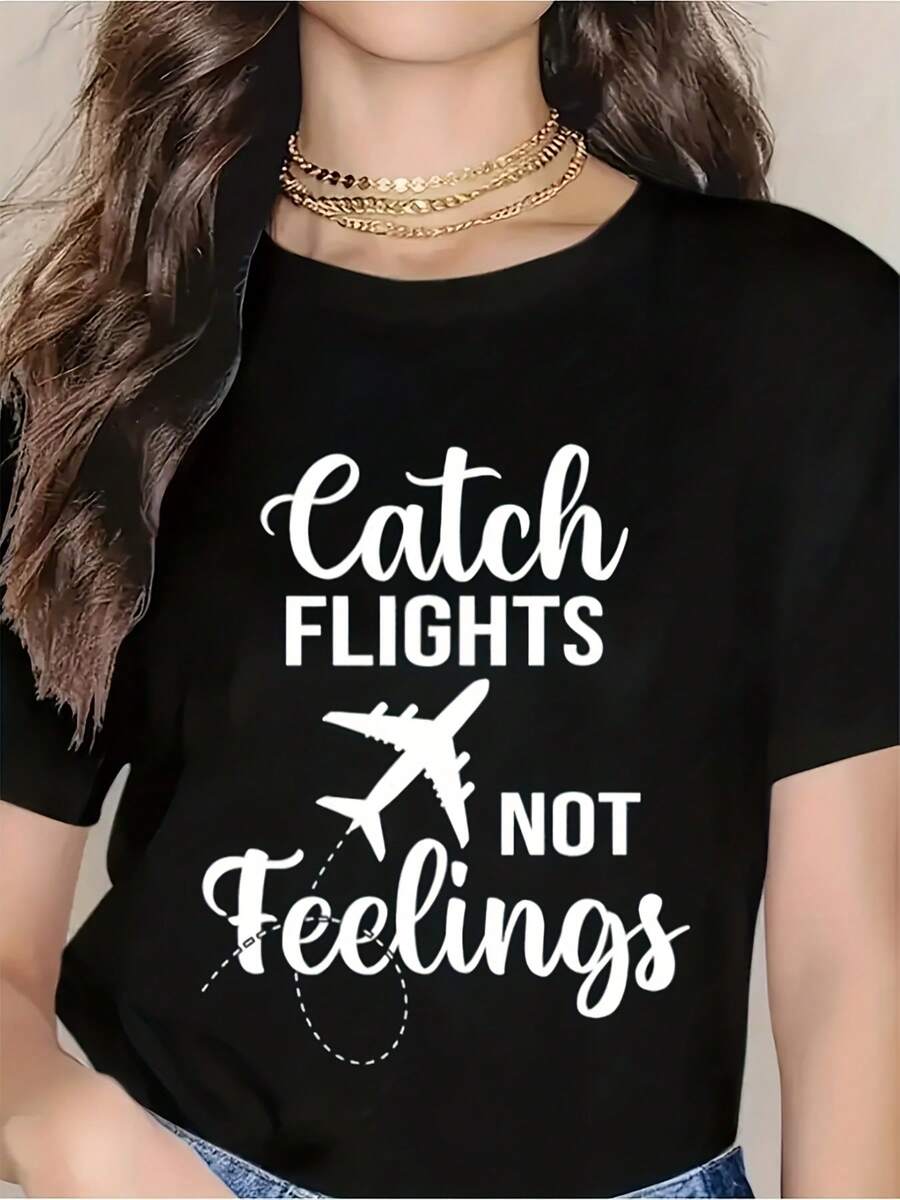 Catch Flights Not Feelings T-Shirt For Women - Travel Inspired Graphic Tee, Cute Airplane Design, Fun Sayings Shirt For Adventure Lovers, Perfect Gift For Travel Enthusiasts, Summer Casual Wear, Holiday Outfit Idea - 黑色 - 查看 1