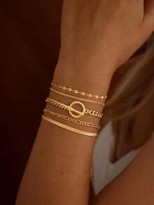 5pcs Elegant Gold-Plated Bracelet Set, Suitable For Women And Girls As Hand Accessories