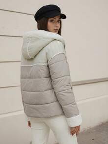 Veste courte matelassée pour femmes avec col châle, doublure thermique, fermeture à glissière et manches longues. Décontractée/élégante et avec capuche en fausse fourrure. Convient pour l'automne et l'hiver. - Gris - Voir 2