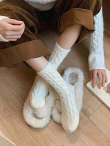 1pair Women's Thick, Soft, Warm Mid-Calf Solid Color Floor Socks For Autumn And Winter - trắng - Xem 8