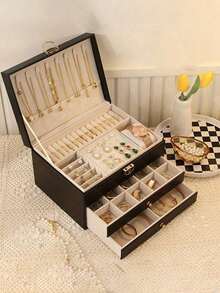 1pc Jewelry Storage Box, Large Capacity Jewelry Box With Lock, Large PU Leather Jewelry Box, Watch Storage Box, Earring, Necklace, Ring, Bracelet Storage Box, Drawer-Type Jewelry Storage And Display Box, Dressing Table Organizer, Jewelry Storage And Organization, Holiday Gift, Women's Gift, Valentine - 白色 - 查看 6