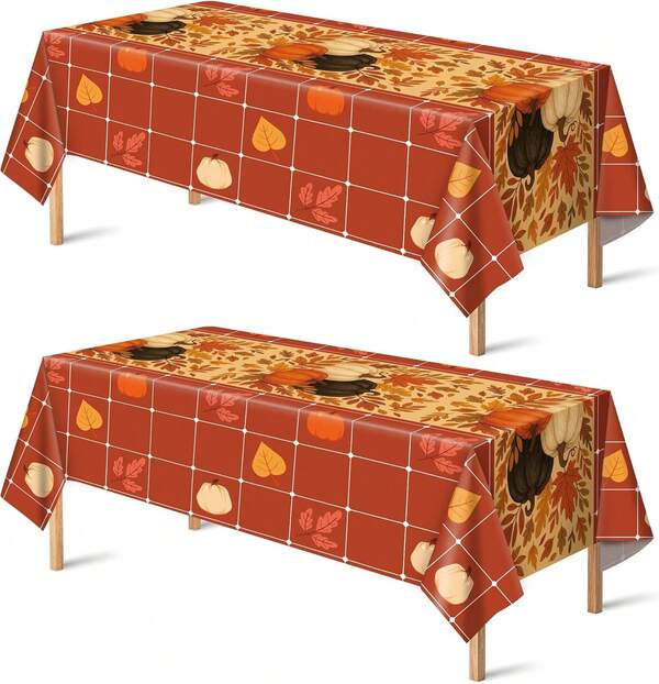 OHOME Fall Decorations Home - Plastic Disposable Fall Tablecloth |   Autumn Thanksgiving Friendsgiving Pumpkin Table Covers Party Decor Favors Backdrop Outdoor Indoor,52''x87'',2 Pack