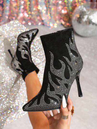 بوت كاحل نسائية ذات كعب عالي مرصعة بالراين، مناسبة للحفلات والخريف/الشتاء، عصرية ومريحة للاستخدام الخارجي