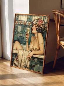 1 pièce Chic Impression sur canevas d'une dame des années 1920 dans une baignoire avec du champagne, parfait pour la décoration de la salle de bain, du salon, de la chambre, du café, du bureau - Idée de cadeau pour une fashionista, Matériau : canevas, Sans cadre.