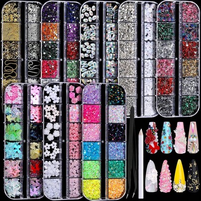 Nail Charms, Nail Rhinestones Kit With 8 Boxes Of Nail Gems, 3D Charms For Nails, Colorful Clear Flatback Rhinestones, Multi Shape Pearls Jewels Crystals For Craft
