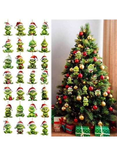Grüner, pelziger Monster-Cartoon-Charakter Weihnachtsbaum-Ornament, flache Acryl-Weihnachtsdekoration zum Aufhängen, Garten-Dekoration, Hochzeitsdekoration, Party-Dekoration, Büro-Dekoration, Weihnachts-Heim-Atmosphäre-Dekoration, Auto-Dekoration, Feiertags-Heim-Dekoration, Weihnachtsgeschenk für Familie und Freunde
