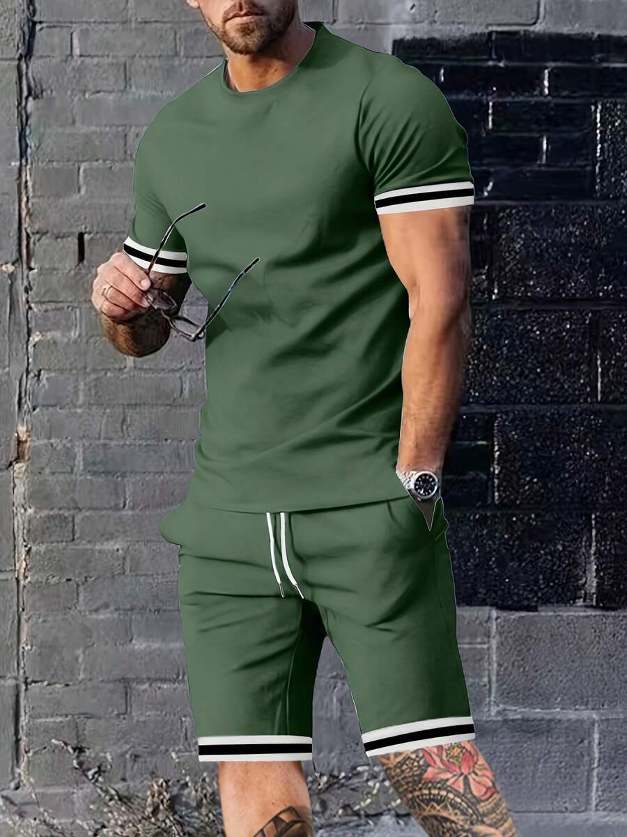 2025 Summer Men's Short Sleeve T-Shirt Round Neck Set Sports Men's Casual Shorts Two-Piece Set - 軍綠色 - 查看 1