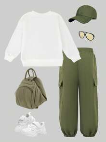 2pcs/Set Girls Back To School Fashion Graphic Print Long Sleeve Sweatshirt + Casual Straight Leg Cargo Pocket Pants, Stylish Sporty Collegiate Outfit For Girls Outdoor Wear, Autumn/Winter