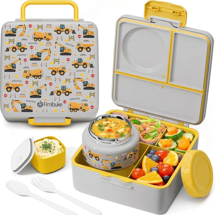 Caja Bento para Niños y Adultos con Termo, Contenedor de Almuerzo para Niños de 3-4 Compartimentos de 60OZ con Tarro de Comida Aislado de 8OZ a Prueba de Fugas, Tarro de Salsa, Utensilios para Niños y Niñas, Libre de BPA y Apto para Lavavajillas - B5.Dinosaurios de la jungla - Ver 1