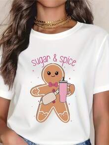 Cute Gingerbread Man Sugar & Spice T-Shirt - Festive Holiday Christmas Graphic Tee For Women, Cozy Winter Gift Top With Pink Tumbler Design, Fun Seasonal Wear For Christmas Parties And Winter Celebrations - 白色 - 查看 1