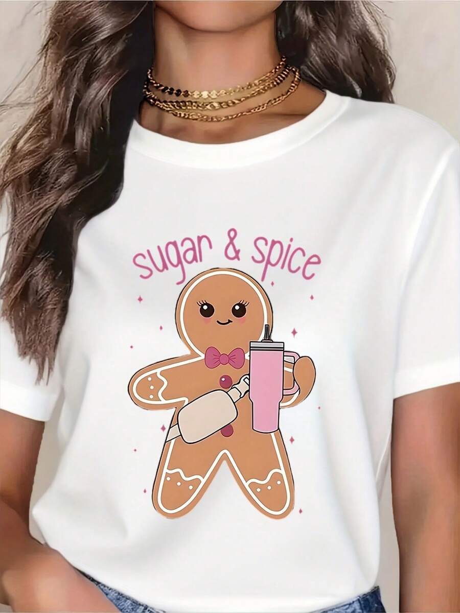 Cute Gingerbread Man Sugar & Spice T-Shirt - Festive Holiday Christmas Graphic Tee For Women, Cozy Winter Gift Top With Pink Tumbler Design, Fun Seasonal Wear For Christmas Parties And Winter Celebrations - 白色 - 查看 1