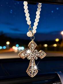 1 Stück Auto Innenraum Anhänger aus Legierung mit Diamant-Kreuz, Auto Rückspiegel Dekoration