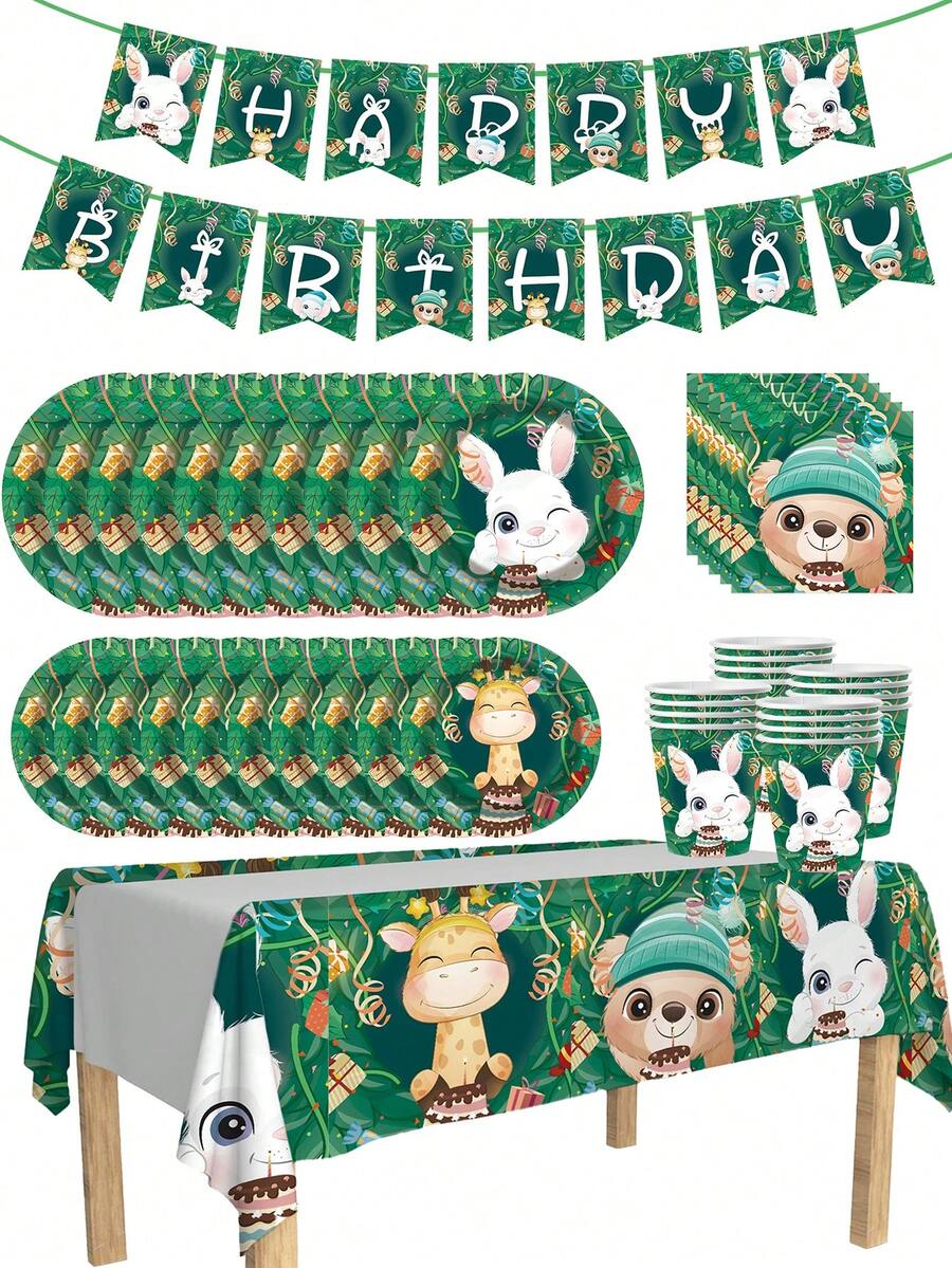 100 Stücke Einweggeschirrset mit Wald-Süßes-Haustier-Thema, einschließlich 7-Zoll-Papiertablett, 9-Zoll-Karton, 9-Unzen-Becher, Servietten, geeignet für tägliche Zusammenkünfte, Geburtstagsfeiern, Brautpartys, Babypartys, Clubs, Hochzeiten, Teepartys, Picknicks, Ausflüge im Freien