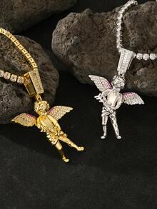 1pc Hip Hop Jewelry Men's Rap Faith Angel Cupid Brass High Quality Zirconia 14K Plating Platinum Plating Accompanying 4mm 20 Inch Diamond Tennis Chain Holiday Gift For Boyfriend Couple Accessories Punk Fashion Jewelry