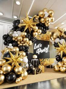121 pièces/set Kit d'arche de guirlande de ballons noirs et dorés, ballons confettis noirs et dorés avec étoiles, pour la décoration de fête du Nouvel An, d'anniversaire, de mariage