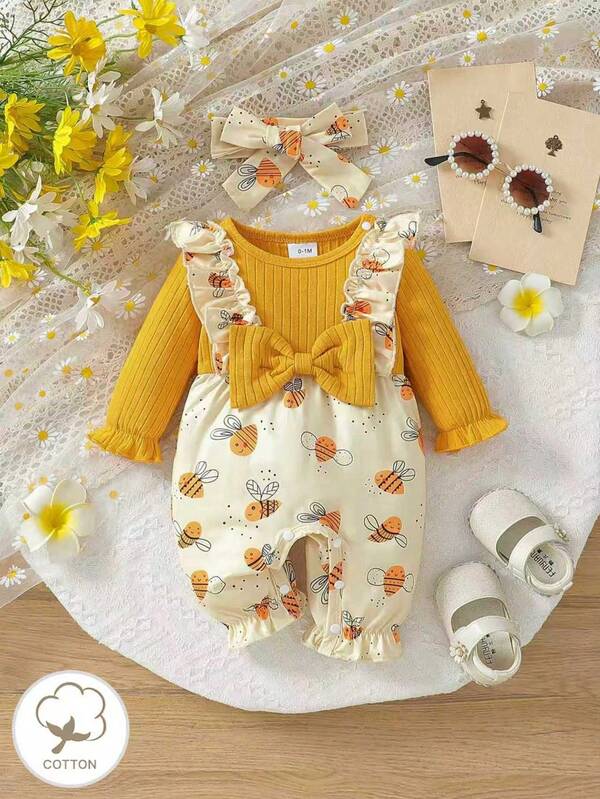 2pcs/Set Baby Girls' Cute Casual Floral Ruffle Long Sleeve Romper And Headband, Spring/Autumn