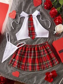 4pcs Plaid School Girl Role Play Halloween Costume Set, Solid Color Backless Crop Top, Slit Elastic Waist Plaid Skirt, Tie-Up Thong, Women Sexy Lingerie Roleplay Uniform, Valentine's Day Gift