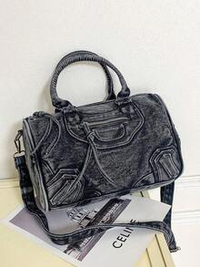 New Vintage Washed Jeans Messenger Bag, Casual Y2K Style Shoulder Bag, Double Handle Hand Bag, Niche Design, Spacious And Practical, Suitable Work Commuting, Shopping, Travel And Back To School, Fashionable Street Bag, Cow Girl KO4Q - 黑色 - 查看 6