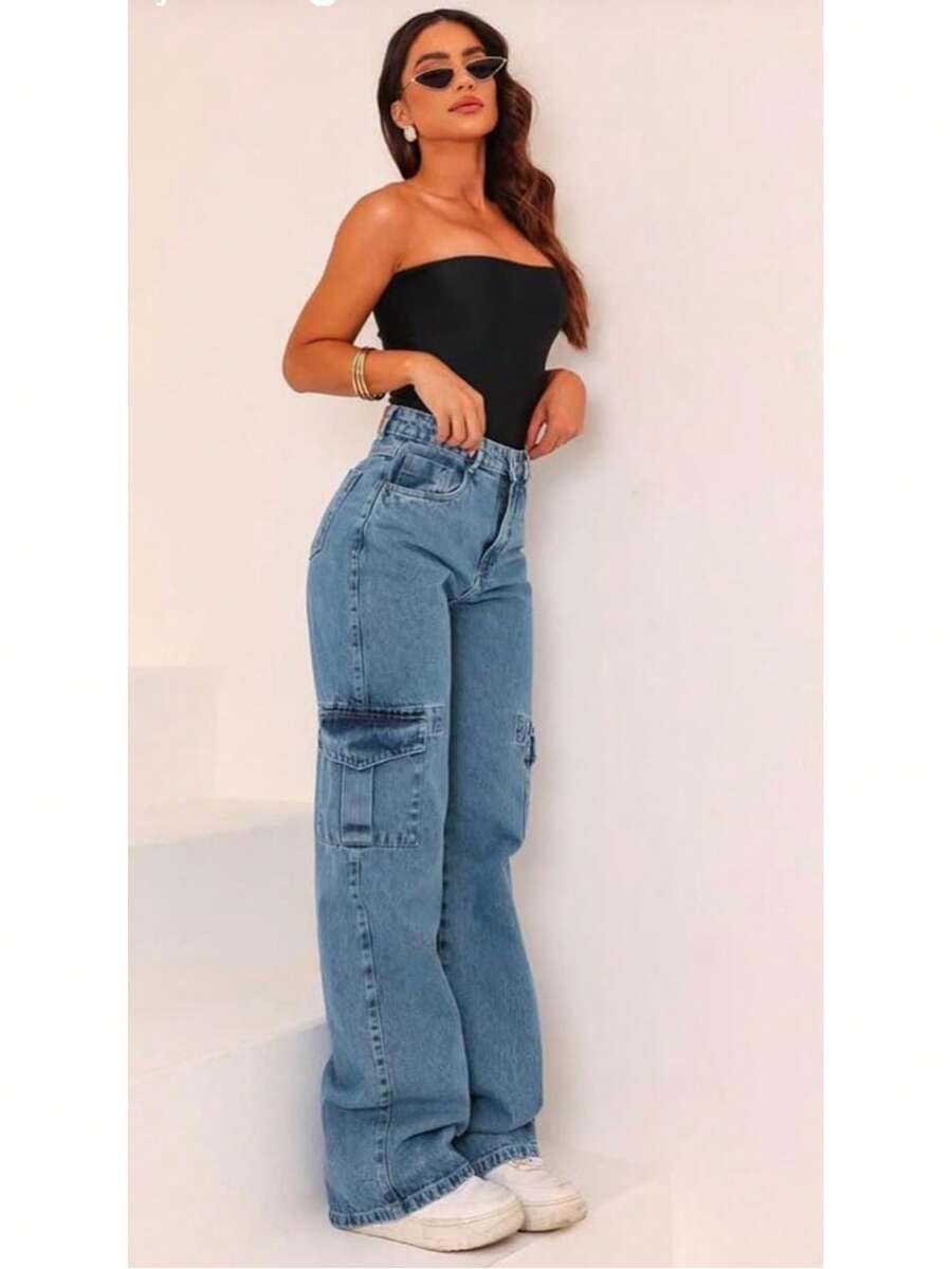 Wide Leg High Waist Jeans - Blue - View 1