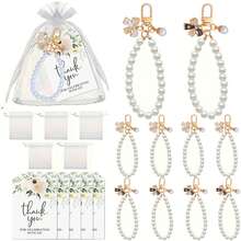 Bộ 15 móc khóa nơ và ngọc trai giả thanh lịch, bao gồm móc khóa, thiệp cảm ơn và túi vải organza trắng, lý tưởng làm quà tặng cô dâu, sinh nhật và đám cưới. - nơ - Xem 3