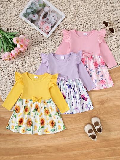 3pcs/Set Baby Girls' Casual Floral, Butterfly, Sunflower, Lavender, Rose Print Soft Knit Long Sleeve Ribbed Dress Set, Suitable For Holidays, Birthday Parties, Daily Outdoor Wear