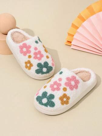 1 Pair Toddler Girls' Colorful Floral Design Plush Slippers, Suitable For Halloween, Christmas, Indoor Warm And Outdoor Activities, Autumn/Winter