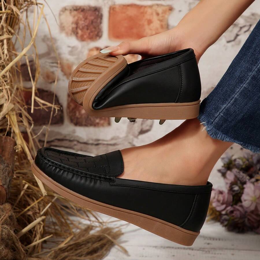 أحذية لوفر أساسية للنساء ذات لون أحادي، أنيقة للتنقل، أحذية كاجوال مريحة بتصميم أصابع قدم مستديرة، مانعة للانزلاق، سهلة الارتداء، مناسبة للربيع والخريف