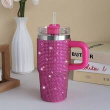 1pc 14oz Stainless Steel Cup With Handle & Straw - Double-Wall Insulated Travel Mug, Spill-Proof Lid - Keeps Drinks Hot/Cold For Hours - Elegant Glittering Diamonds - Perfect For Car, Office, Camping, Holidays - Ideal Christmas, Birthday, Valentine's Gift - (Black/Pink/Blue/), Travel Coffee Mug Insulated, Camping Essentials, Rhinestone Embellished, Quality Insulation, Office Drinkware, Decorative Drinkware, Premium Material, Hot And Cold Cup, Outdoor Enthusiasts, Perfect For Thanksgiving - Rhinestone Blue - 查看 7