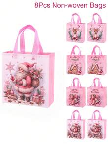 2 buc Pungi Tote roz de Crăciun cu mânere, Pungi cadou reutilizabile cu model de clopoțel de elan cu Moș Crăciun, Sacoșă de cumpărături, Pungi nețesute, Pungi pentru favoruri de petrecere, Decorațiuni festive de Crăciun pentru casă 2025 Cadouri de Crăciun Crăciun Anul Nou 2026 Pungi de ambalare