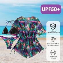 Traje de Bao Bikini para Mujer, 3 Piezas Conjunto de Bikini Baador, Bikini de Cuerda Tanga Traje de bao con Prendas Exteriores de Proteccin, Cintura Alta Espalda Descubierta - D-Morado Hojas de colores + M - Ver 4