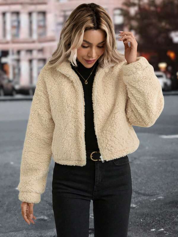 Chaqueta/abrigo de mujer con cierre de cremallera frontal abierto, de unicolor, suave y esponjoso, con puños acanalados, bolsillos y forro para el otoño/invierno