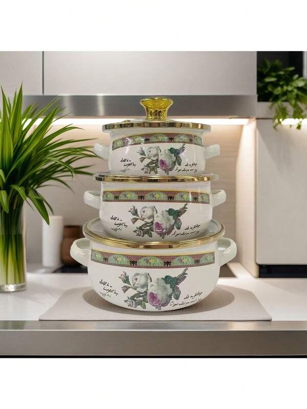 3pcs Enamel Coated Pots With Gold Rim, Enamel Bowls, Household Pots, Mini Pots, Enamel Soup Pots, Ramen Bowls, Small Hot Pot, Thick Enamel Coated Pots, Mini Saucepan, Enamel Coated Pots With Dual Handles For Induction Cooktop And Gas Stove, Enamel Coated Soup Pot, Lard Jar, Milk Pot With Lid, Dual-Use For Induction Cooktop